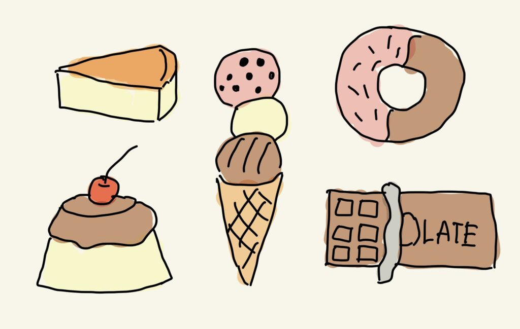 チーズケーキ、プリン、ドーナツ、チョコレート、アイスクリームなどのお菓子