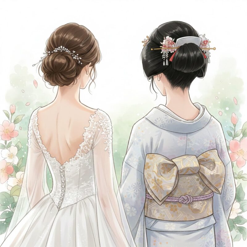 ウェディングドレスと和装の後ろ姿