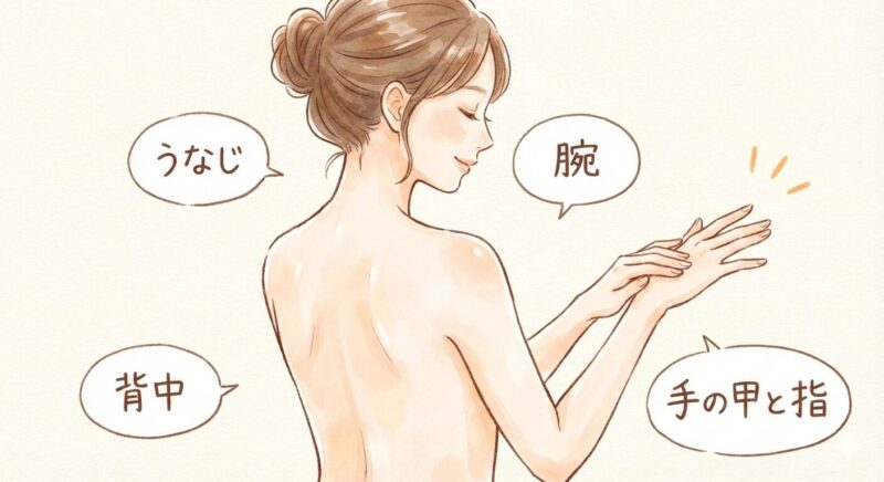 脱毛箇所　うなじ、背中、手の指と甲、腕