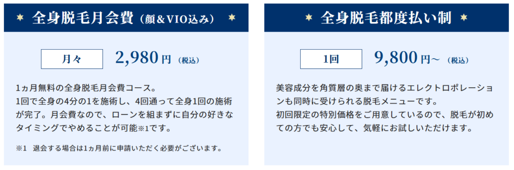 全身脱毛月会費2980円、全身脱毛都度払い制9800円